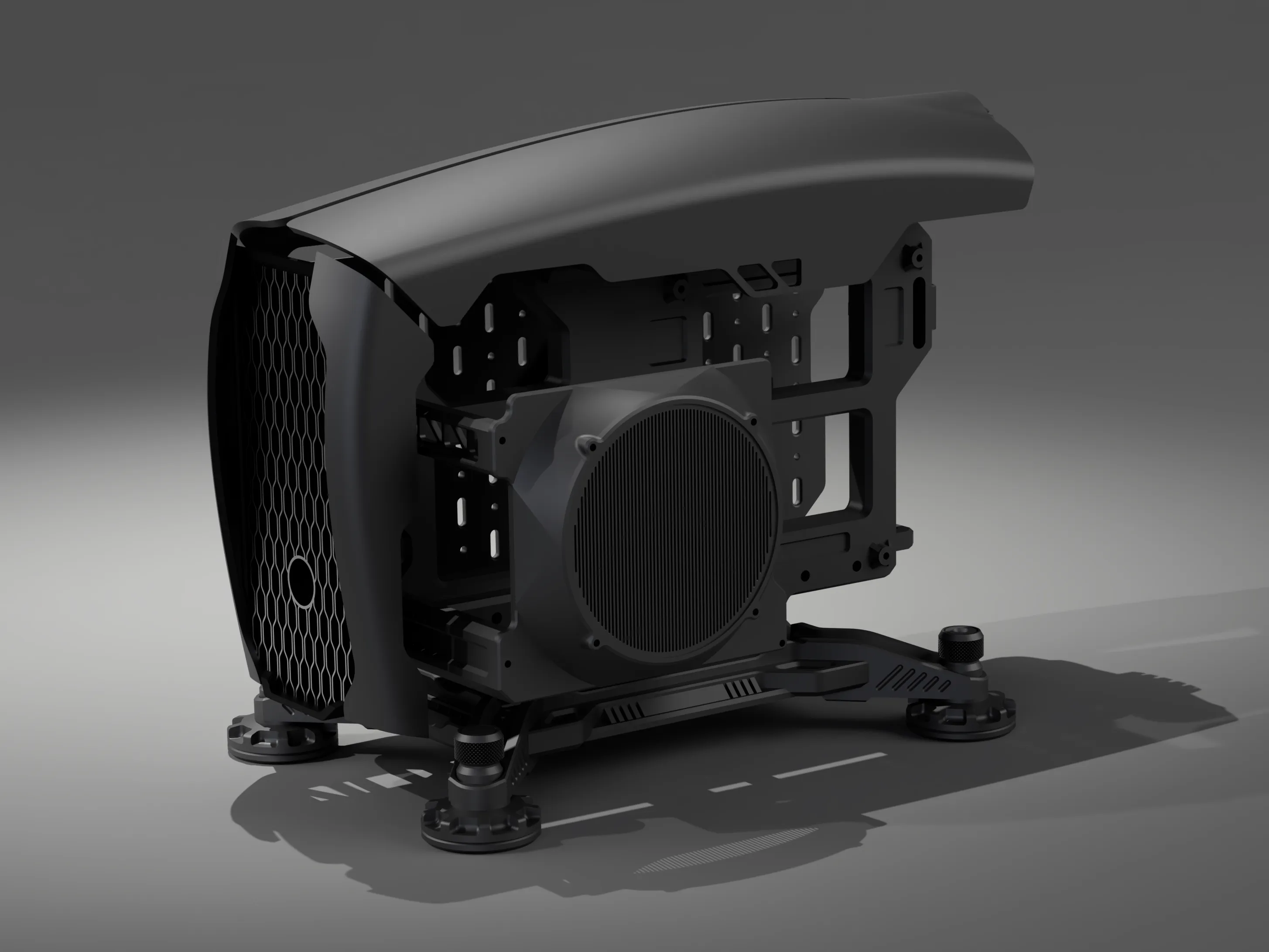 SHIFT · open configuration — open-frame PC case development render
