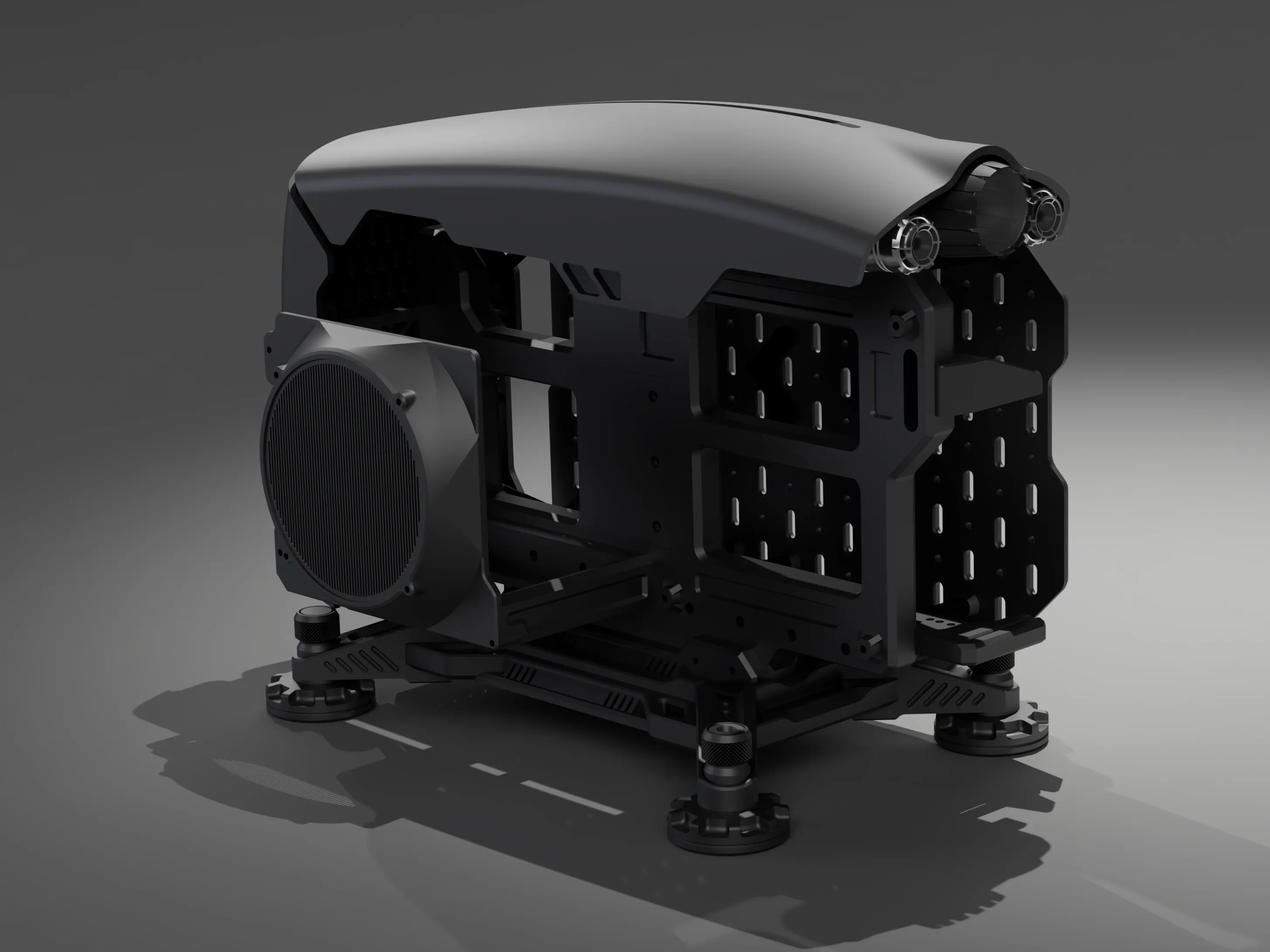 SHIFT · reverse frame — open-frame PC case development render