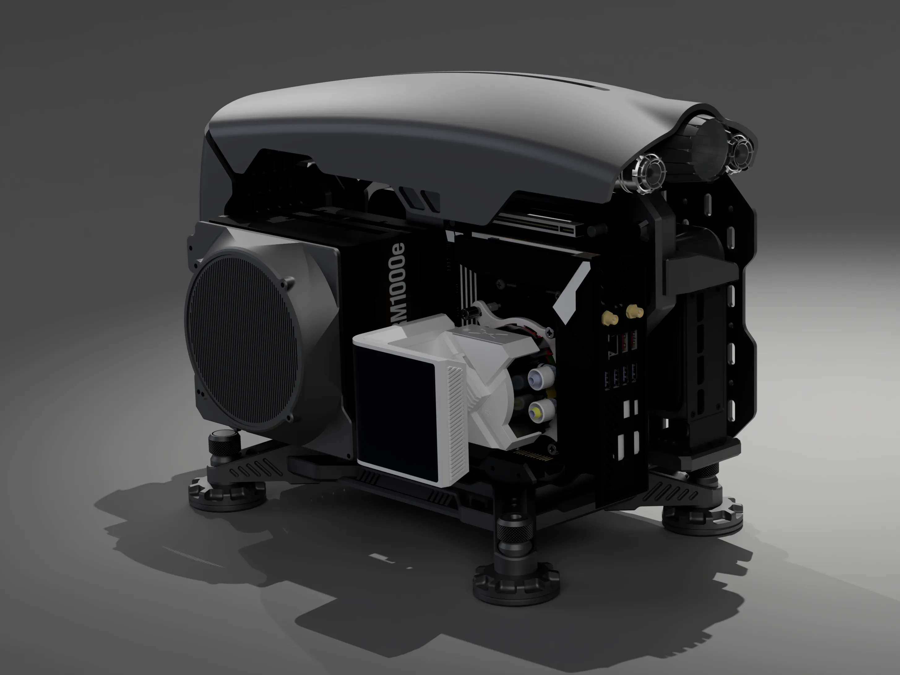 SHIFT · hardware layout — open-frame PC case development render