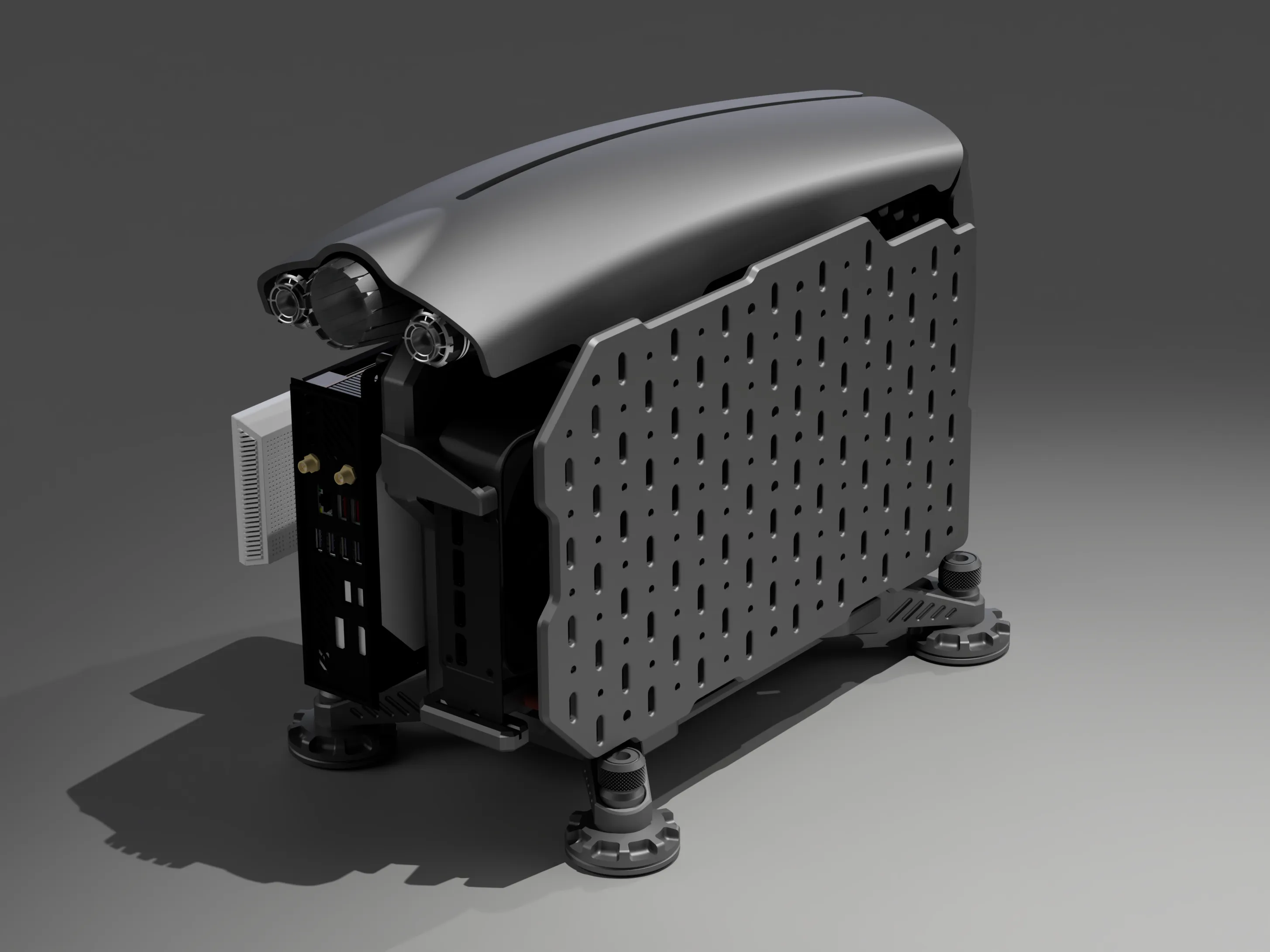 SHIFT · optional pegboard — open-frame PC case development render