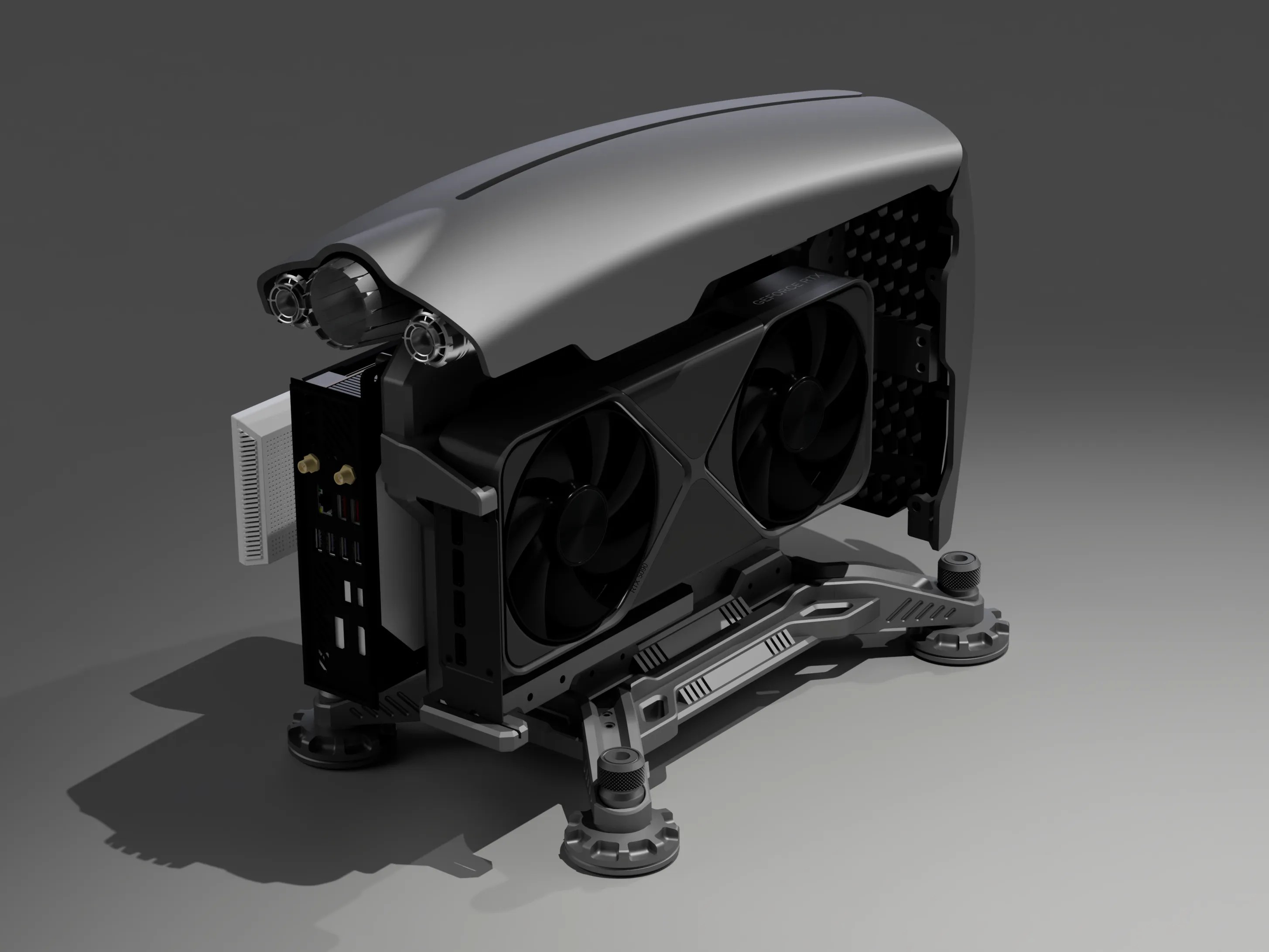 SHIFT · graphics-card side — open-frame PC case development render
