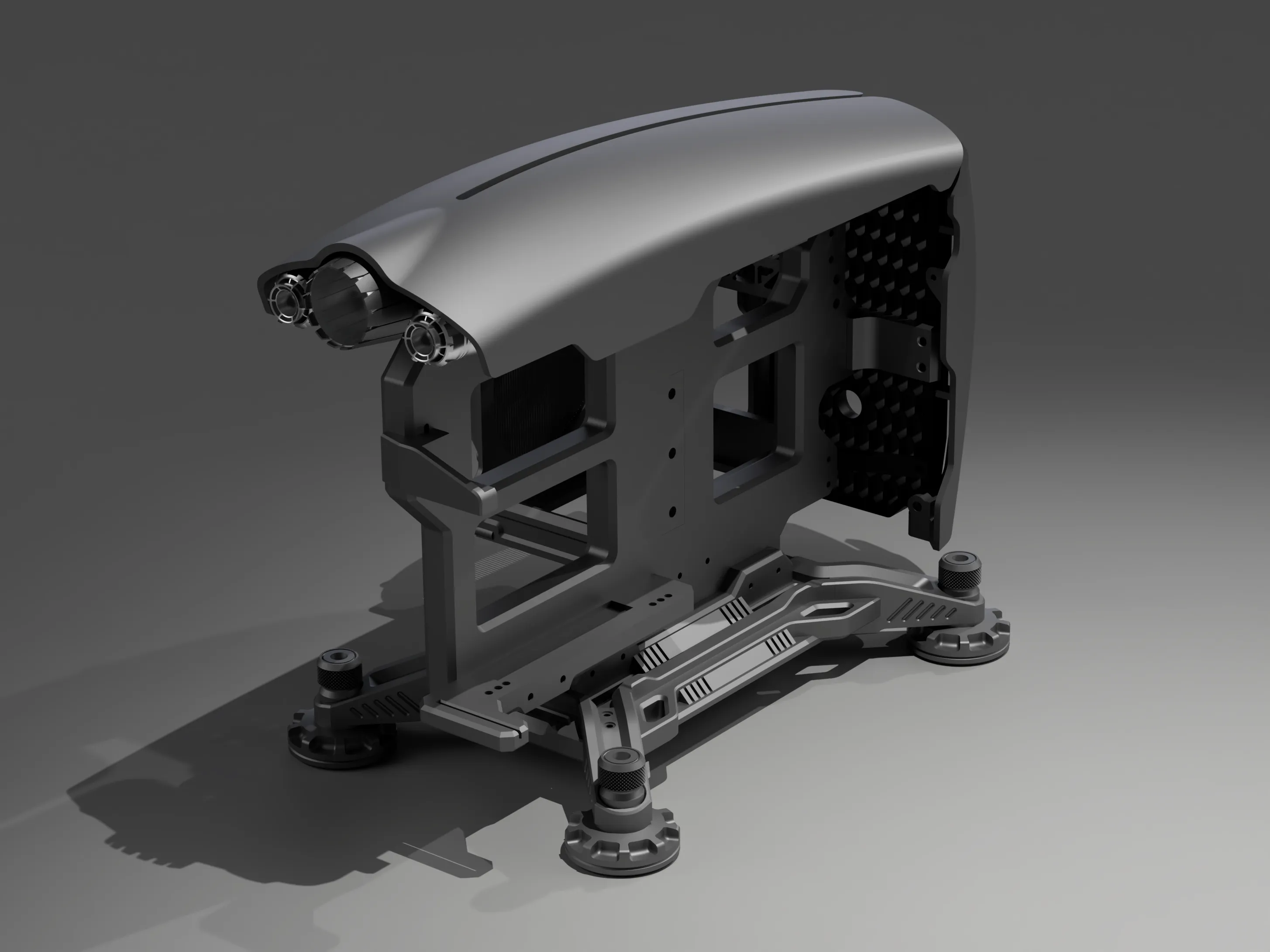 SHIFT · bare structure — open-frame PC case development render