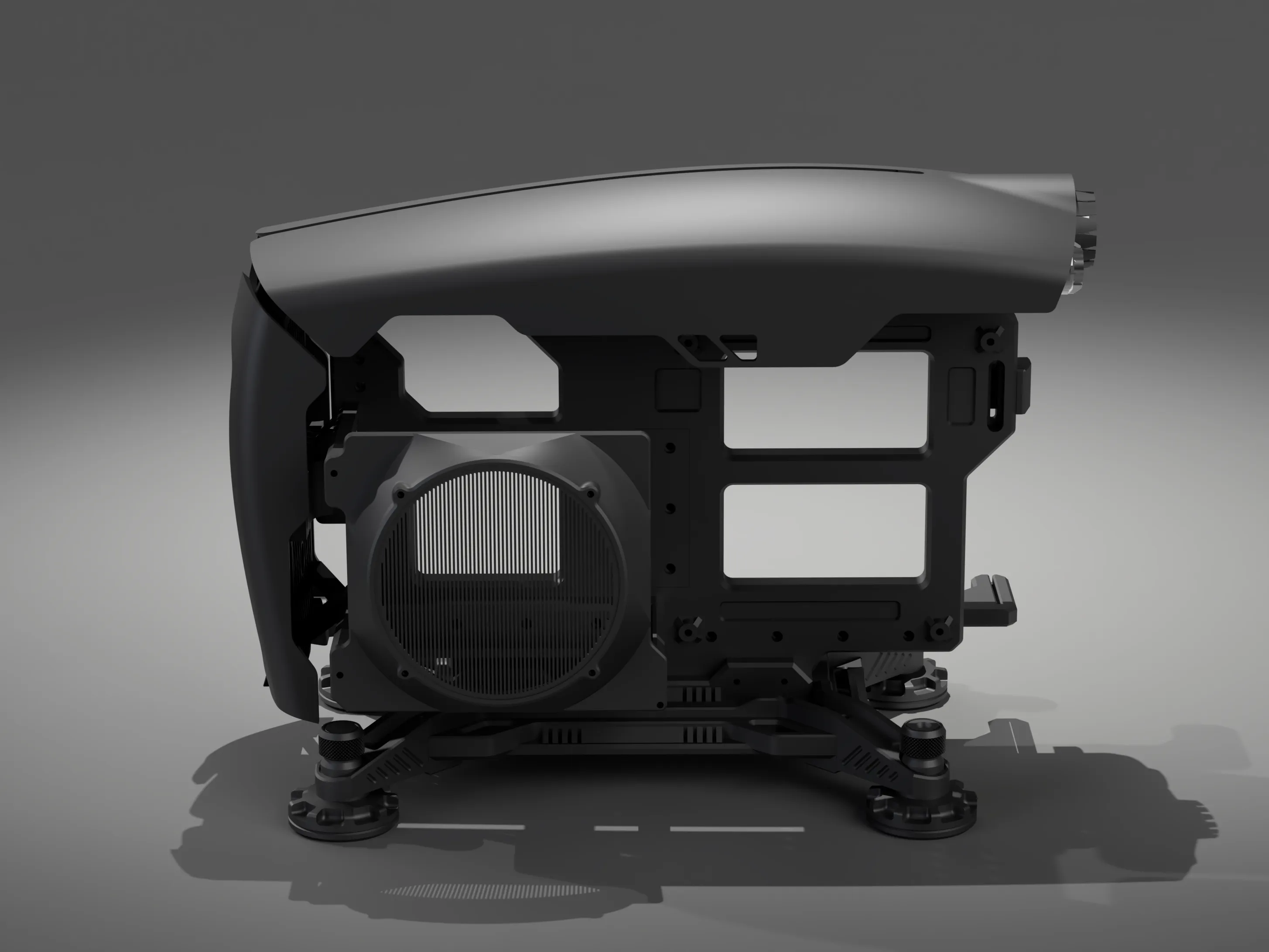 SHIFT · side profile — open-frame PC case development render
