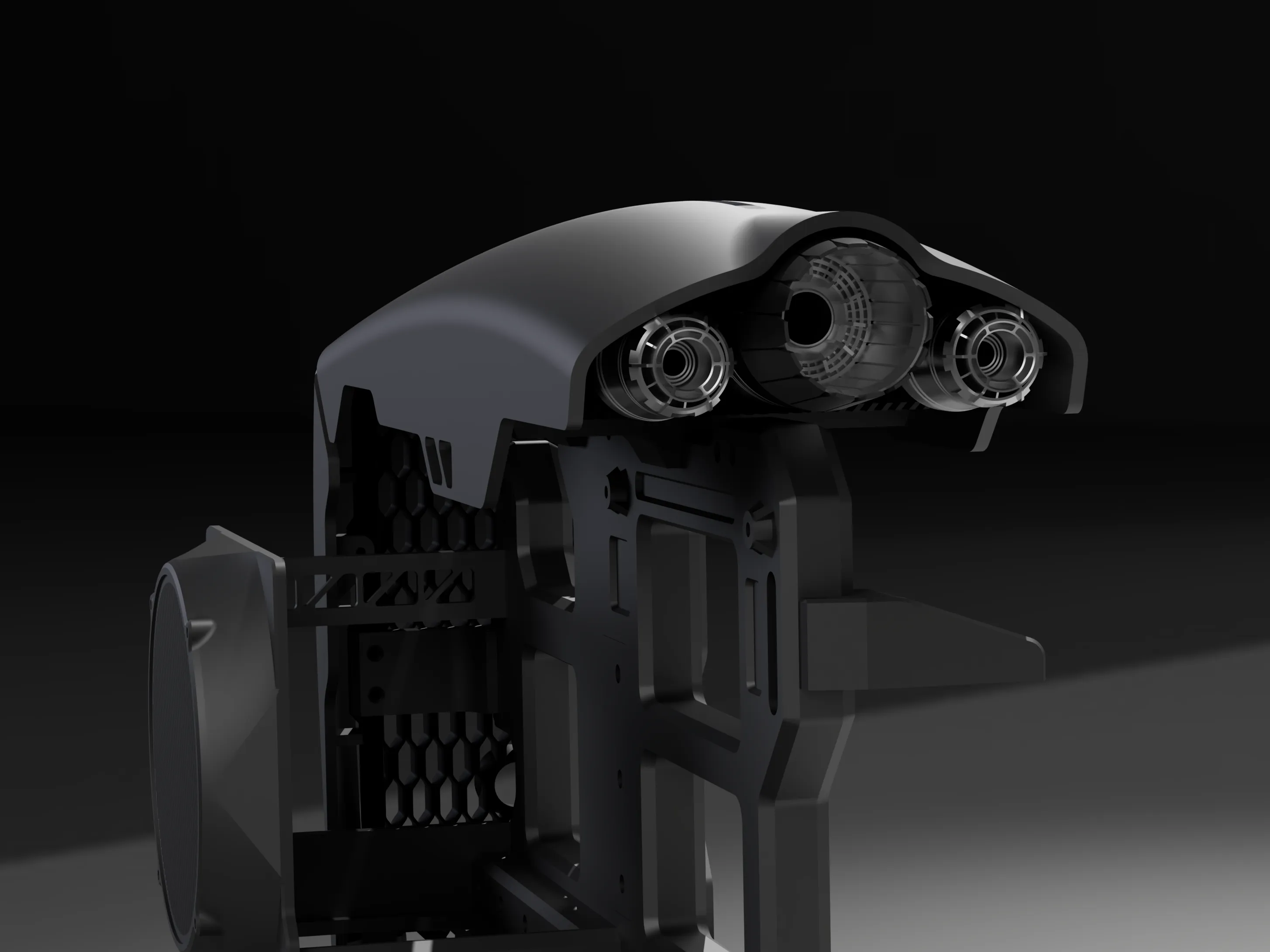 SHIFT · armor detail — open-frame PC case development render