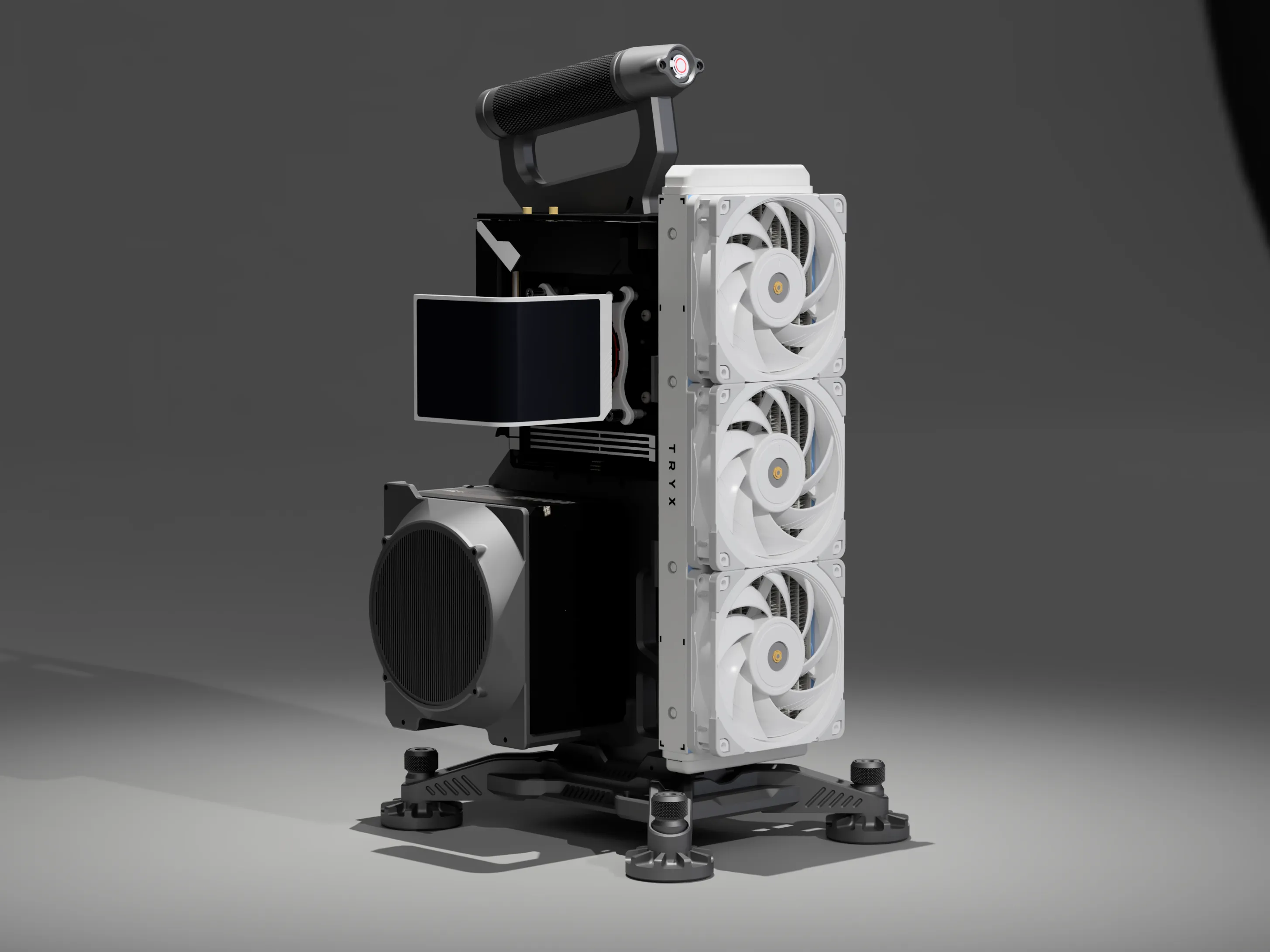 ITX tower with exposed three-fan radiator
