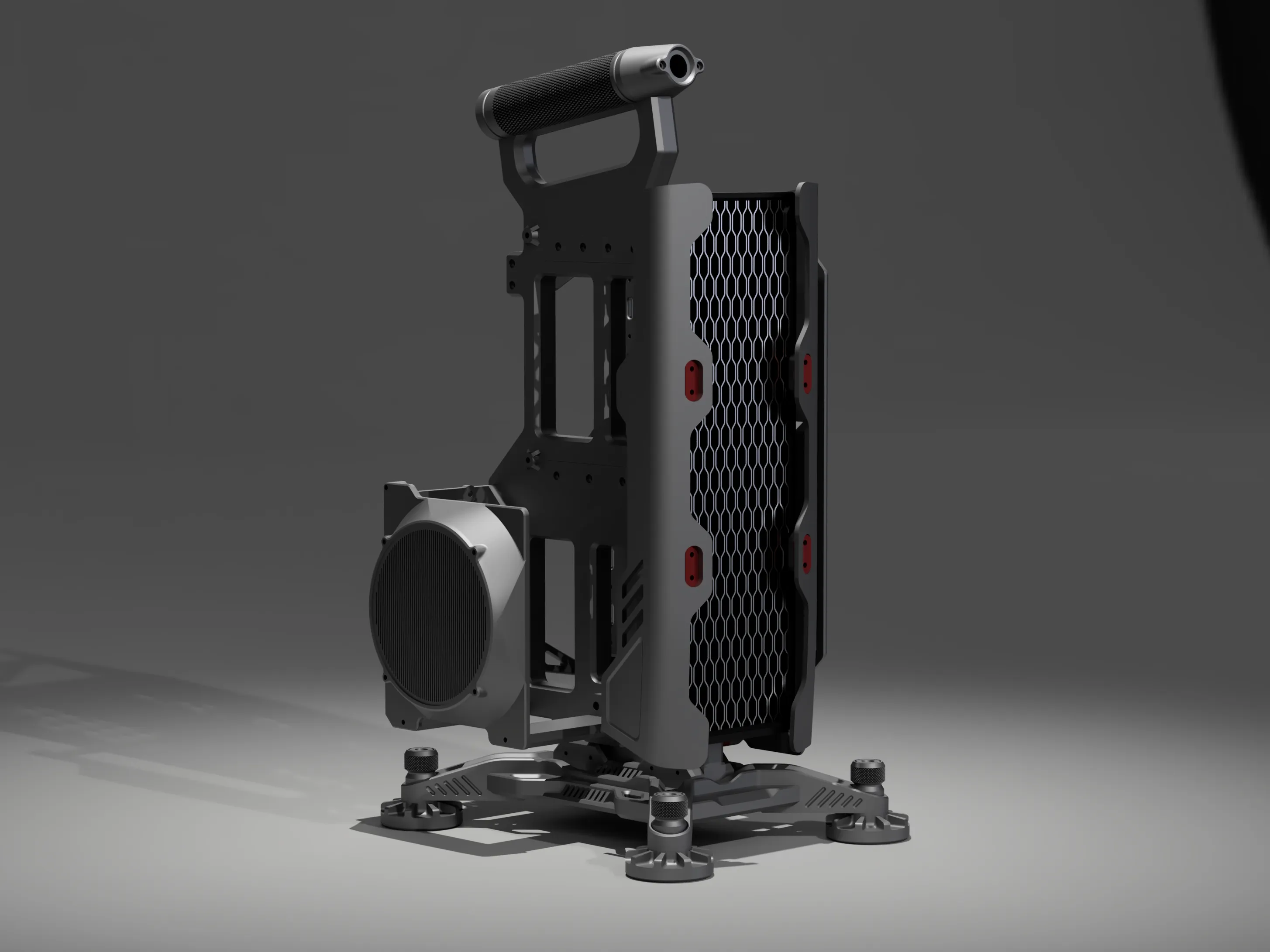 VECTOR · open side — open-frame PC case development render