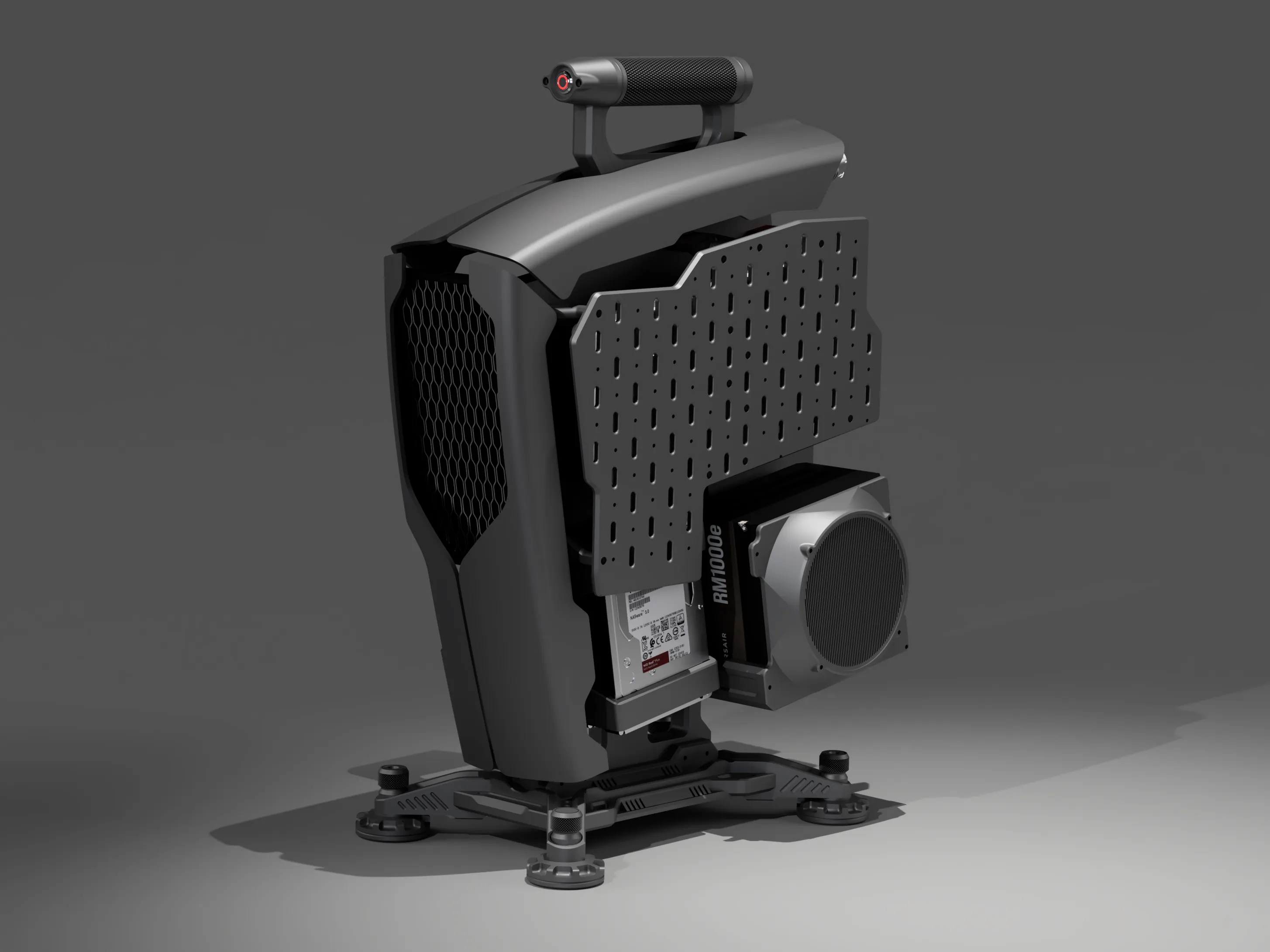 TITAN · pegboard and hardware — open-frame PC case development render