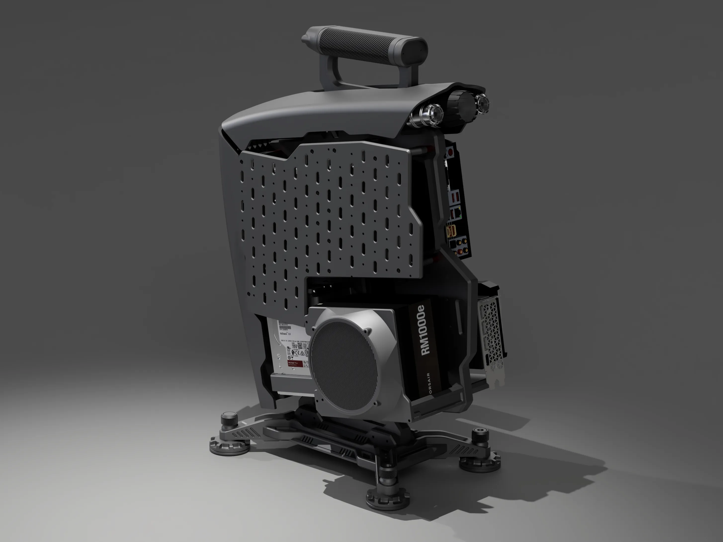 TITAN · reverse pegboard view — open-frame PC case development render