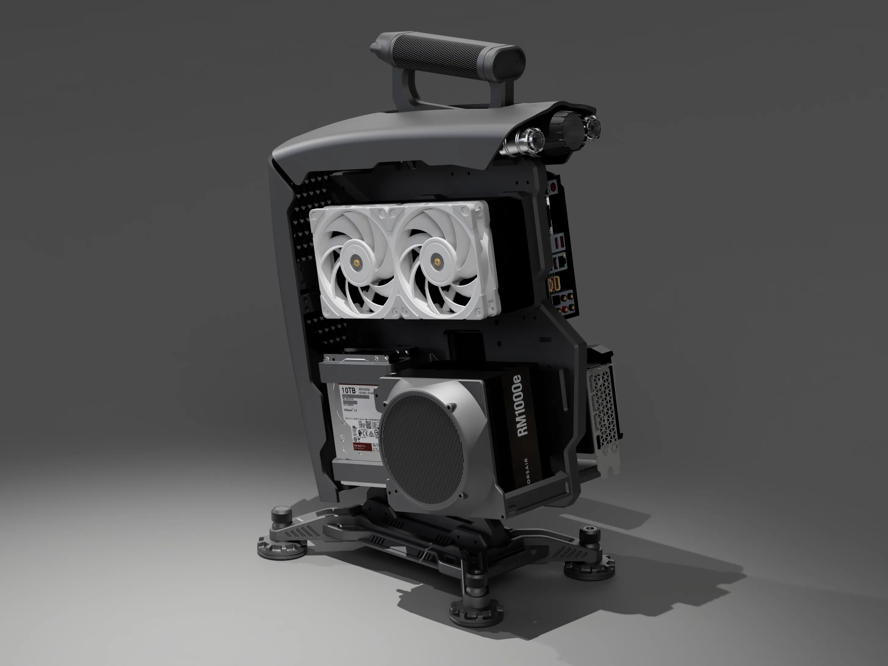 TITAN · cooling layout — open-frame PC case development render