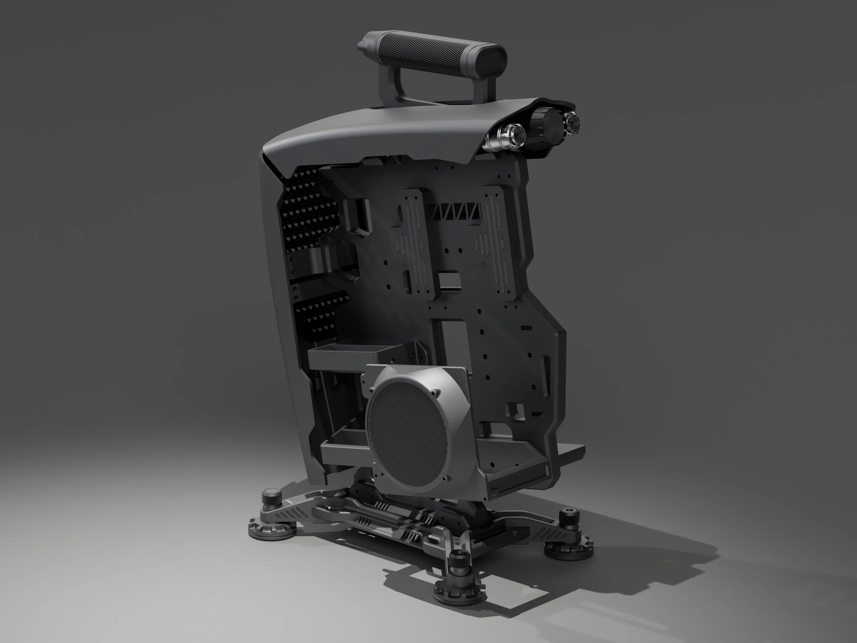 TITAN · open reverse layout — open-frame PC case development render