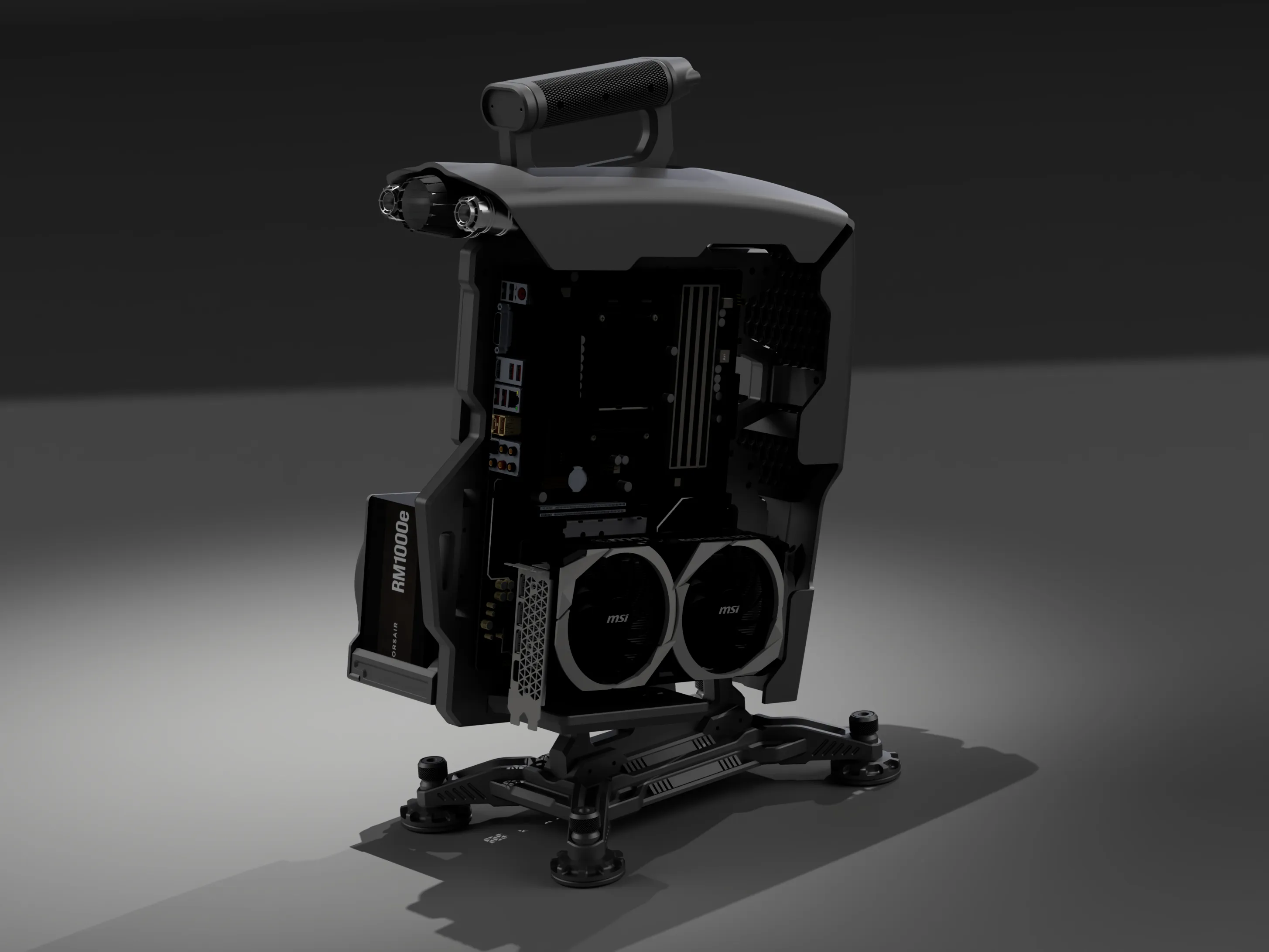TITAN · graphics-card side — open-frame PC case development render
