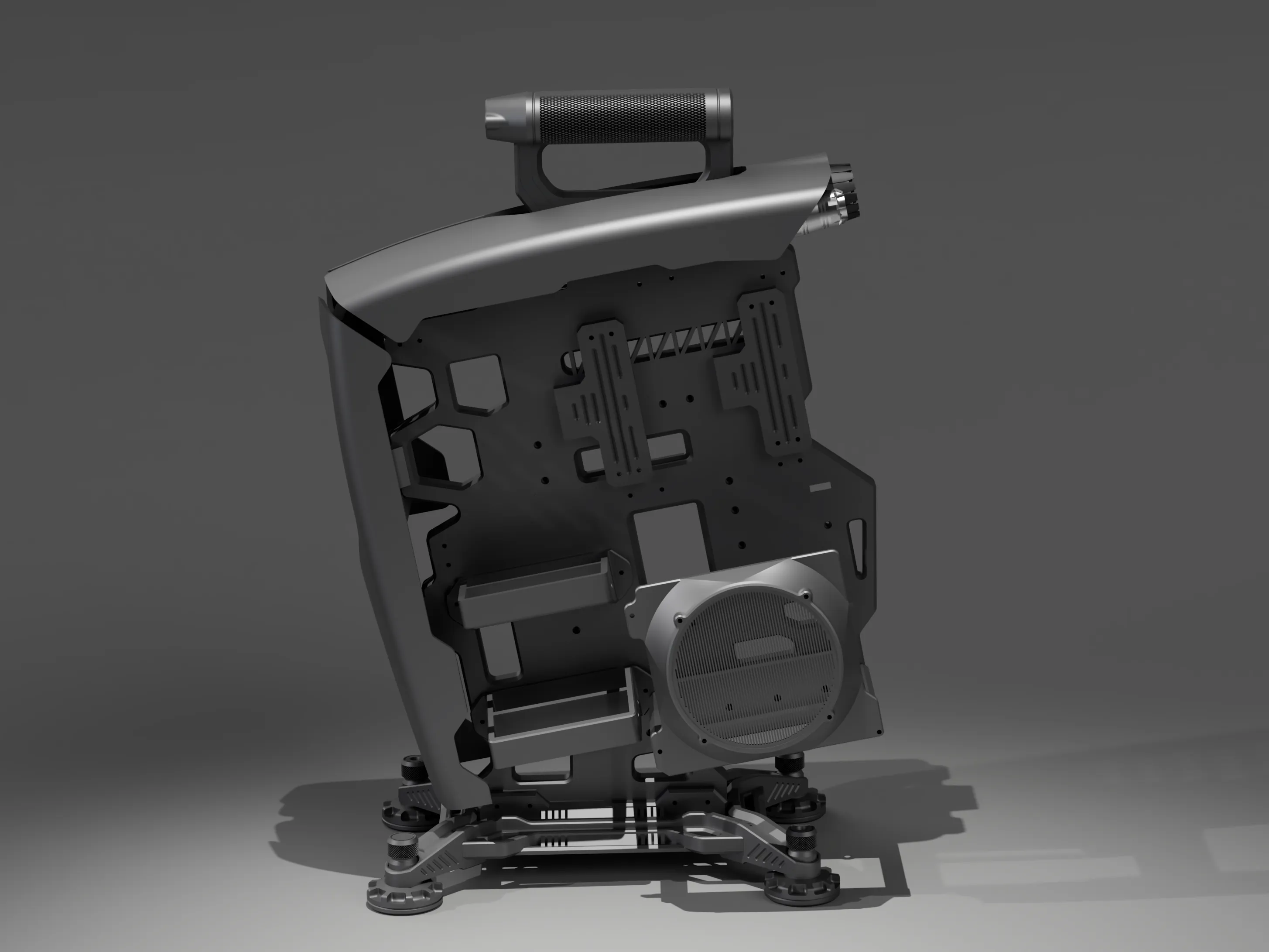 TITAN · open reverse with PSU mount — open-frame PC case development render