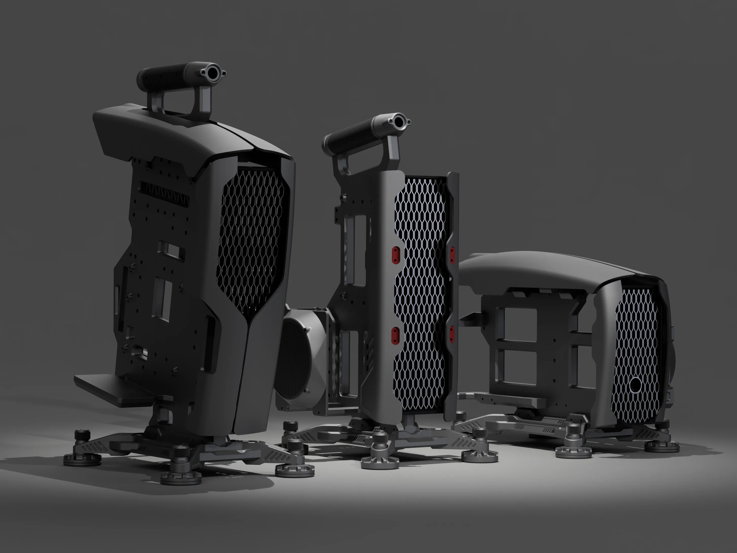 The family · front three-quarter view — open-frame PC case development render