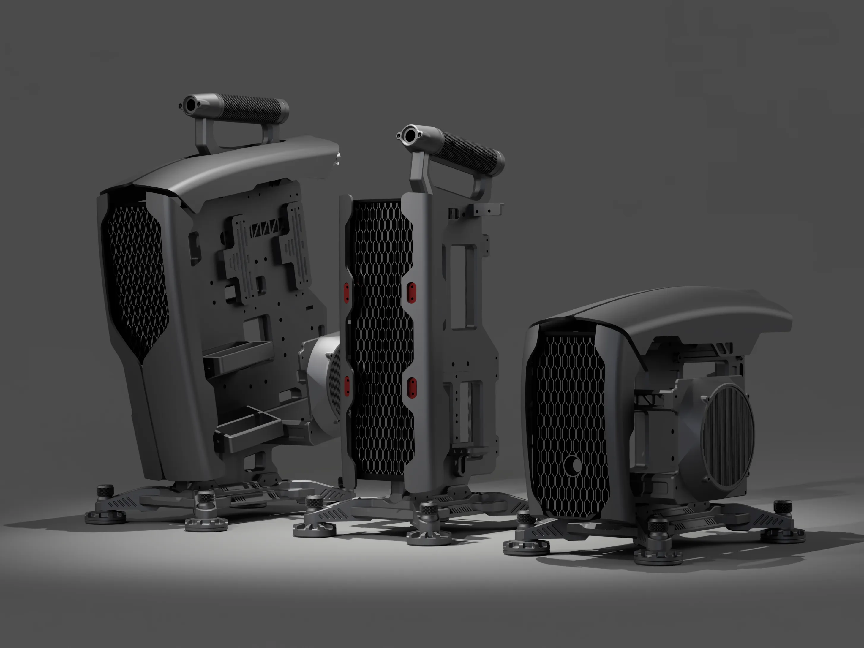 The family · open reverse configurations — open-frame PC case development render
