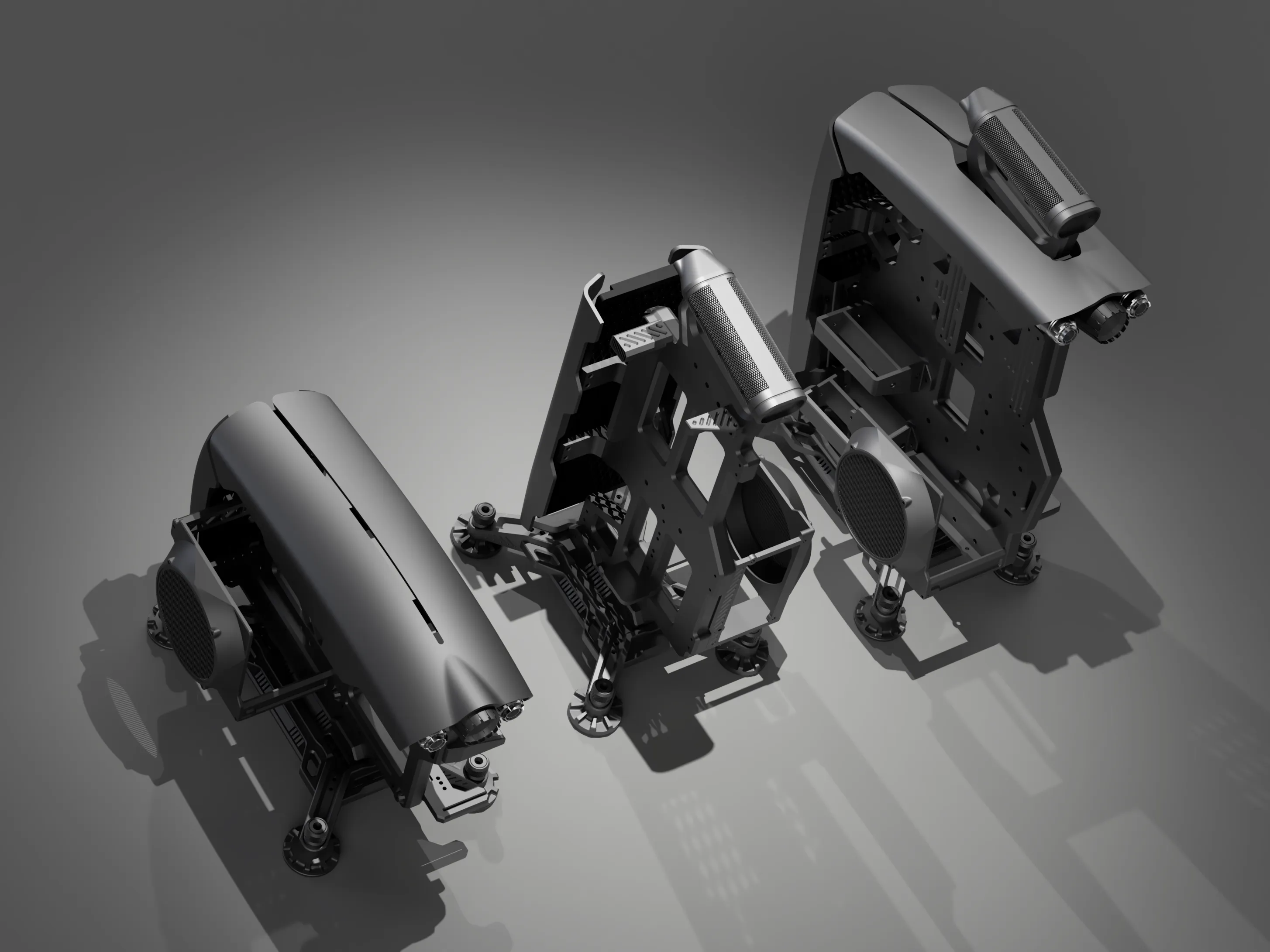 The family · overhead layout — open-frame PC case development render