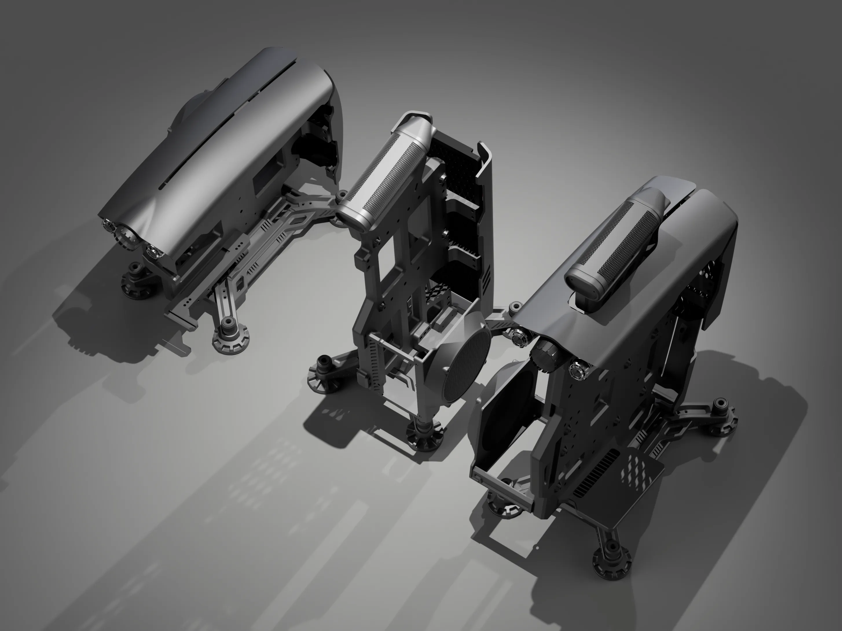The family · overhead reverse layout — open-frame PC case development render