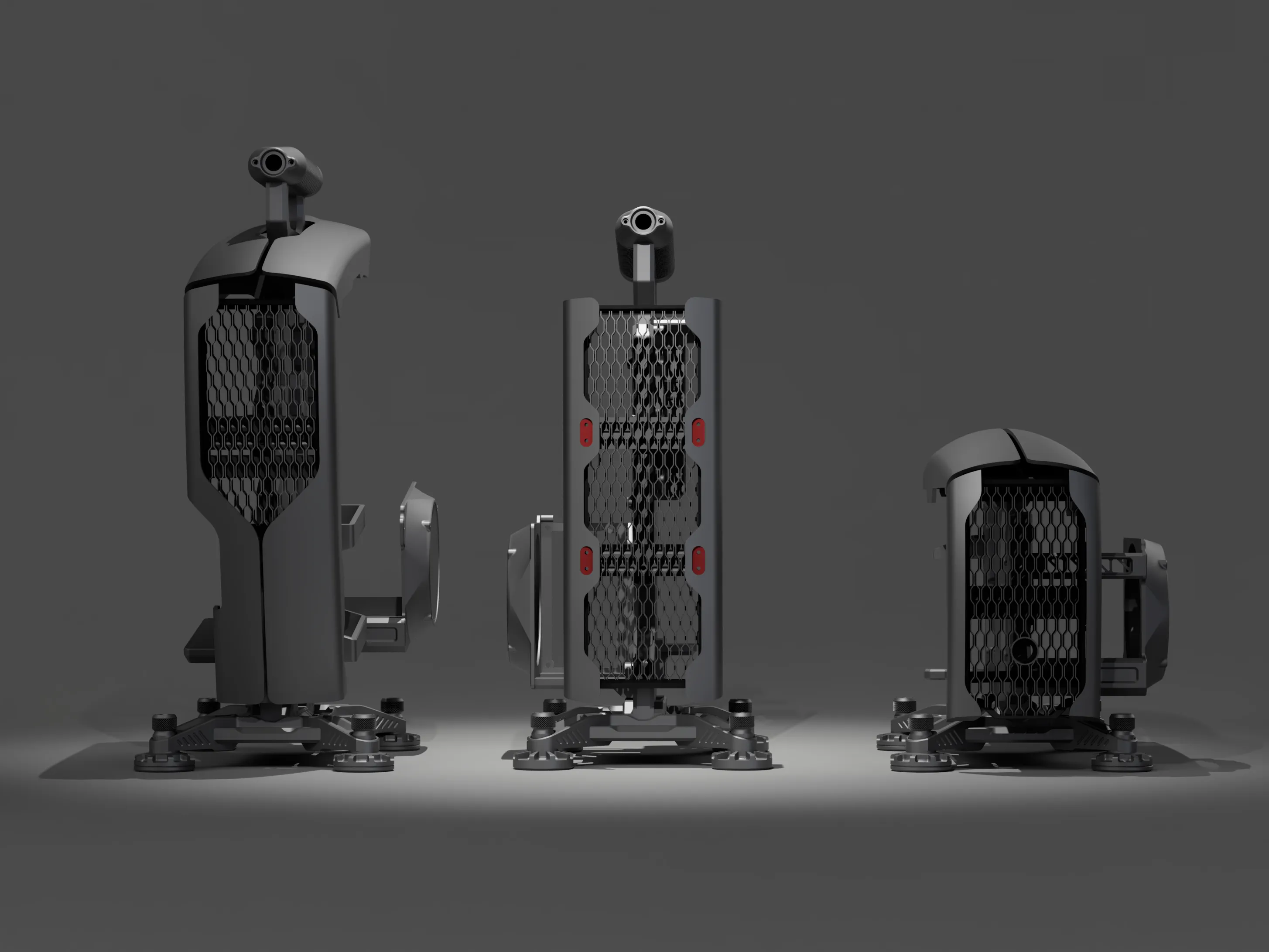 The family · front silhouettes — open-frame PC case development render