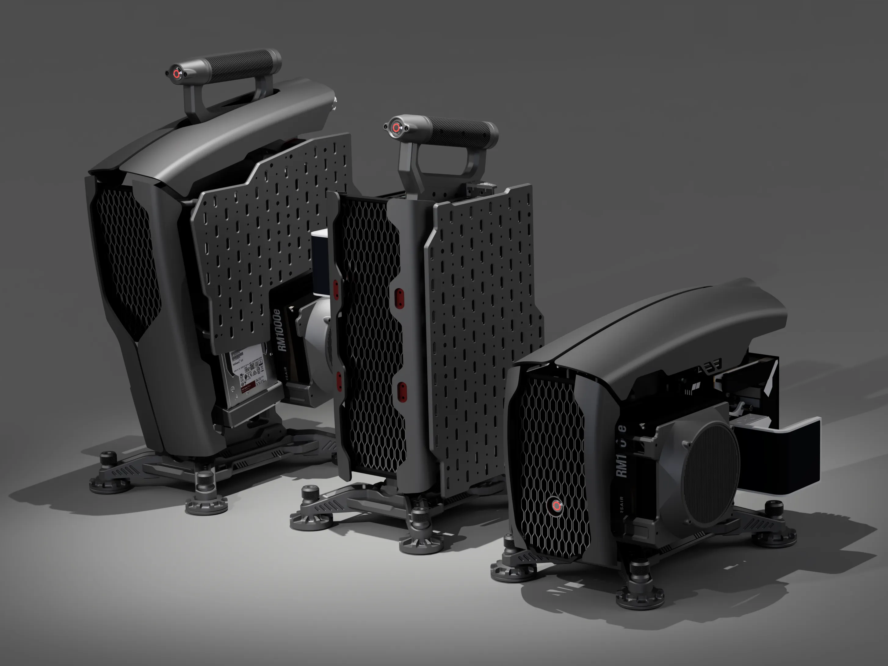 The ExtruFrame family — open-frame PC case development render